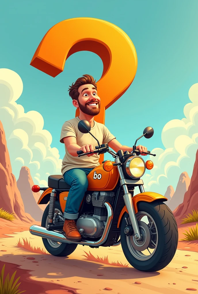 Cartoon Man with Question Mark Body(?) , driving a motorbike, on the motorbike with the letters BO