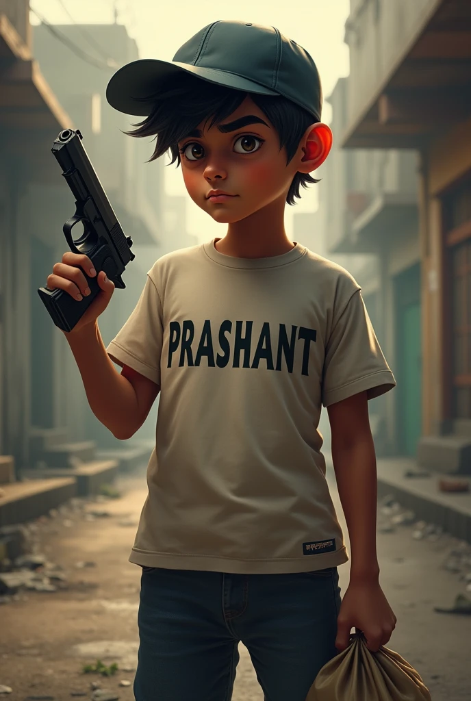 A boy wear prashant name tshirt and wear a cap on head and putting a pistol in our right hand and pick a bag of money in left hand