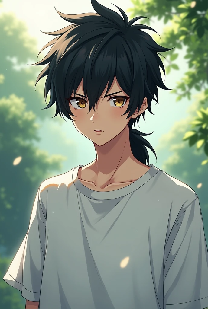 A HOT 16 years Anime BOy with Black hair Middle Part Wolf cut hair style and brow eyes and sharp jawline and handsome wearing a white oversized T-shirt  long hair japanese Wolf cut hair style  middle part Wolf cut handsome nature bg more hot Wolf cut mullet haircut and blur background wolf cut mullet  wolf hai r style no wolf ear and more hot long hair