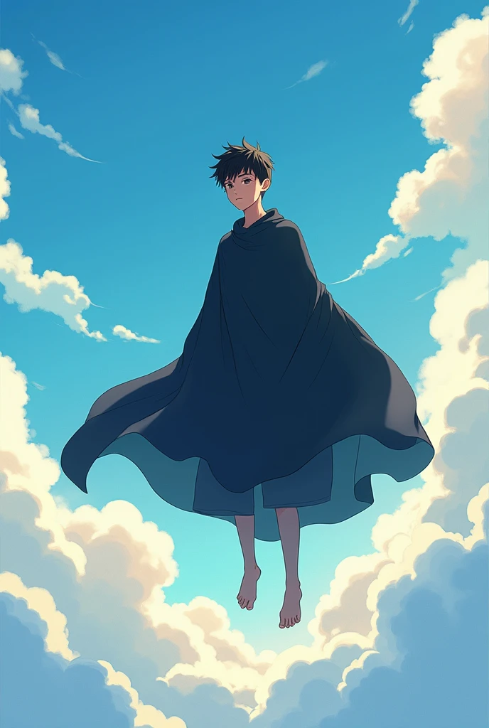 A cute college boy full body cover the black cloth,fly in a sky, in anime, for whatapp profile