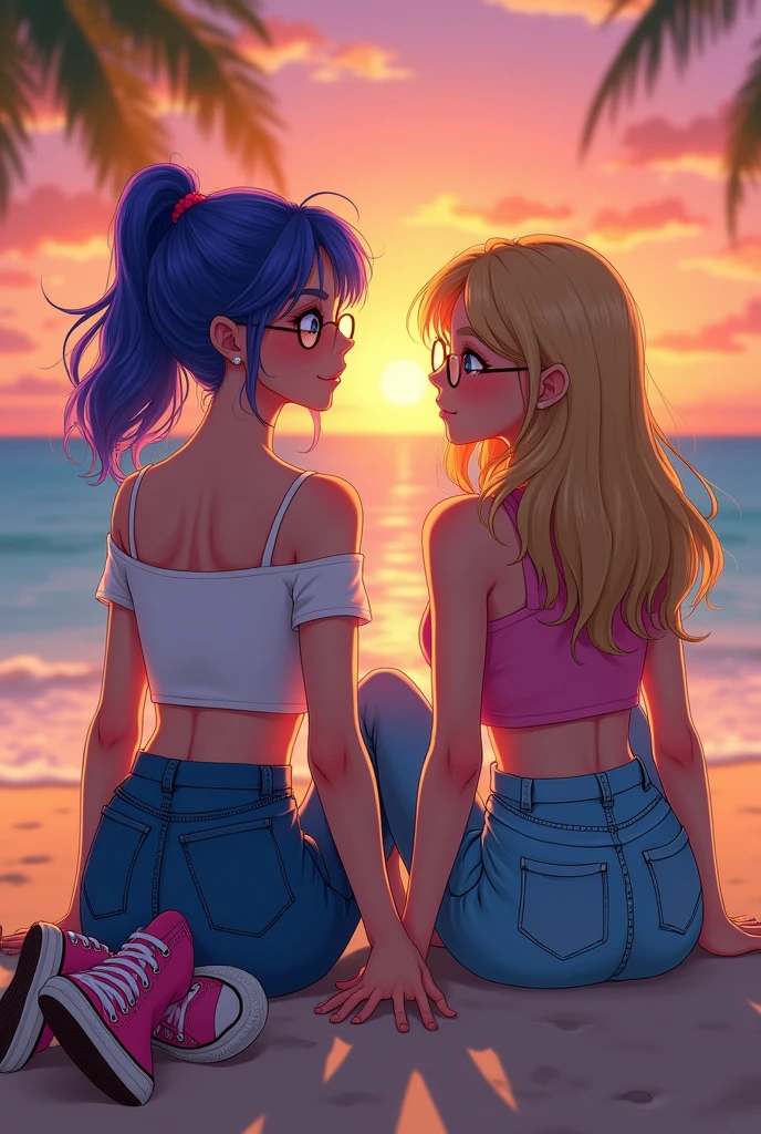 Drawing of two girlfriends, one with blue hair with purple highlights and the other blonde with straight hair. The blonde is wearing a casual look with very wide jeans, e cropped rosa, also wears gray prescription glasses. The one with blue hair wears a denim mini skirt and a white crop top., gray prescription glasses too. The two of them then sat watching the sunset on the beach., using pink all stars