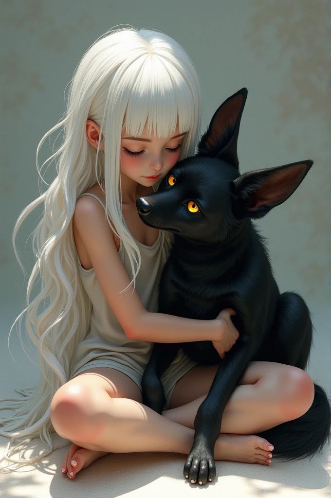 girl sitting on the floor in butterfly position with white hair loose, golden eyes dressed only in a top holding a large black jackal in her arms lying on her back with its paws up in digital art style