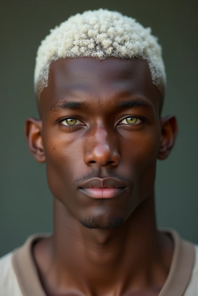 man with dark skin like coffee with milk, shaved white hair, green eyes, who does not have a beard, that your skin is less black and you look younger as a young adult, less dark

