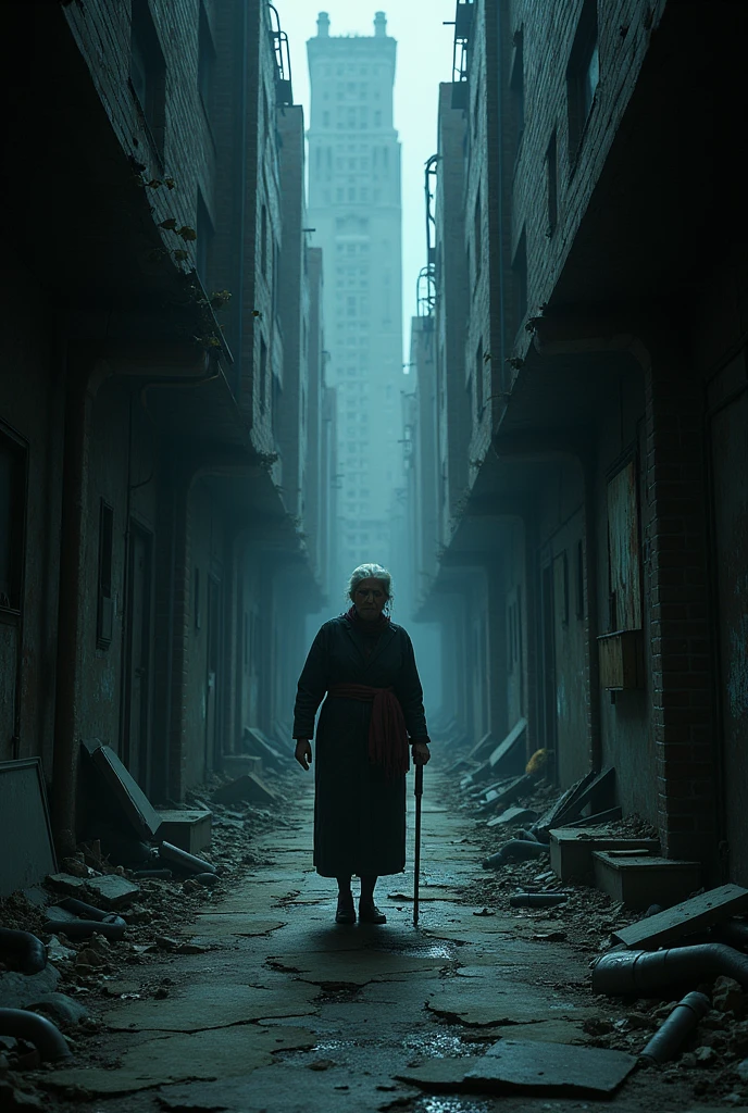 A dark, deserted alley where an elderly woman walks cautiously.