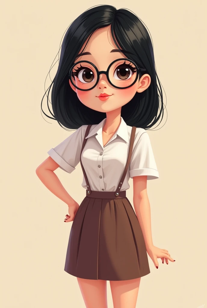Draw a cartoon of a tall young woman with medium-long straight black hair, complexion media, black eyes with long eyelashes and round black glasses, medium light skin color, that she dresses feminine but elegant and modest and that she expresses her gender, which is heterosexual. .Whole body