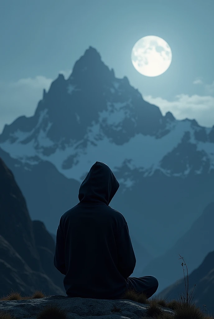 The midnight the black hoodie boy see moonlight from mountain and chair