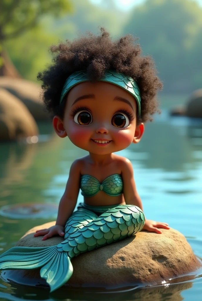  two  dark skin round face short curly hair with a headband dressed as a mermaid sitting on a rock round eyes big eyelashes small teeth and full mouth Pixar 3d