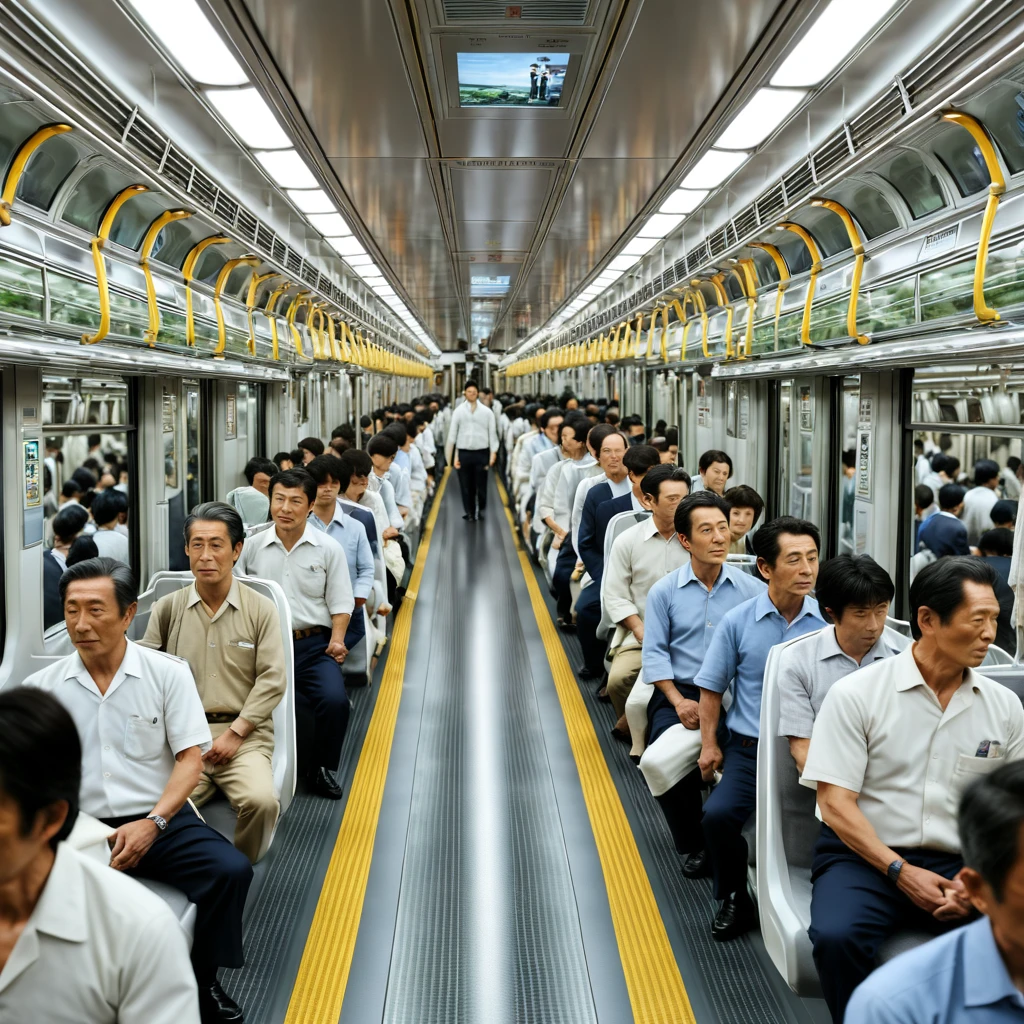 ((Perfect Anatomy:1.2,Realistic:1.5,RAW Photos:1.3,Masterpiece,Highest quality,High resolution,Very detailed photos,8k))train interior,The train is crowded with many Japanese people,