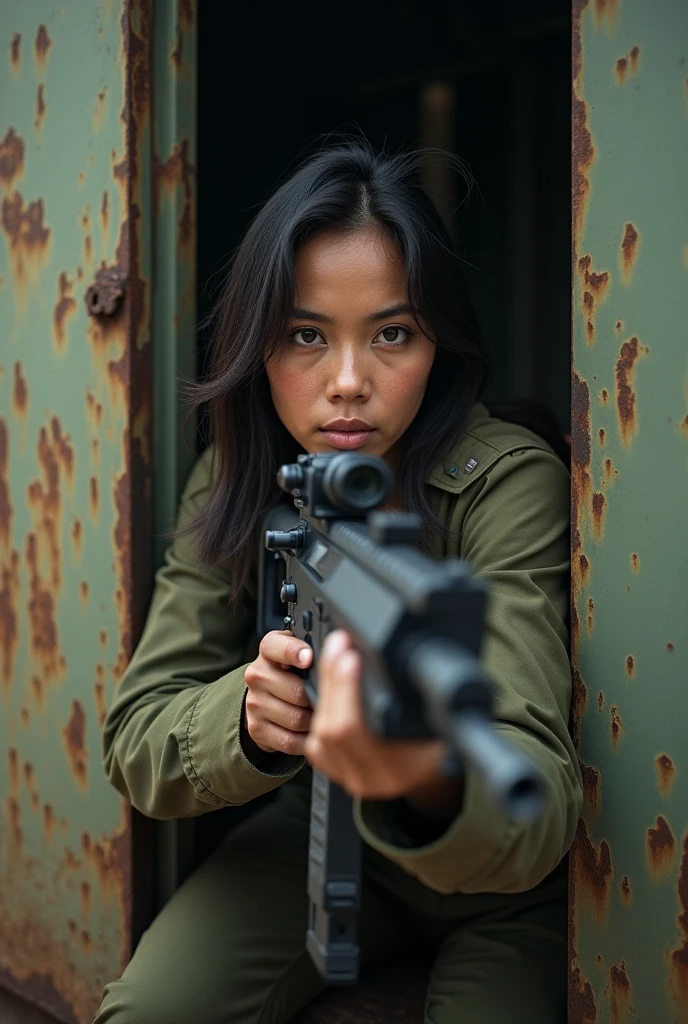 8K, Real Photo, Realistic Skin Texture, Super Realism,8K, Real Photo, Realistic Skin Texture, Super Realism, super clear photo results, olive drab color, scratches, rust, shot with Fujifilm X-T30 + Nokton. HDR10, minimum 4 images created, indonesian female soldier, Crouching, alert posture and ready to shoot with the Pindad SS3 assault rifle ready to fire.
