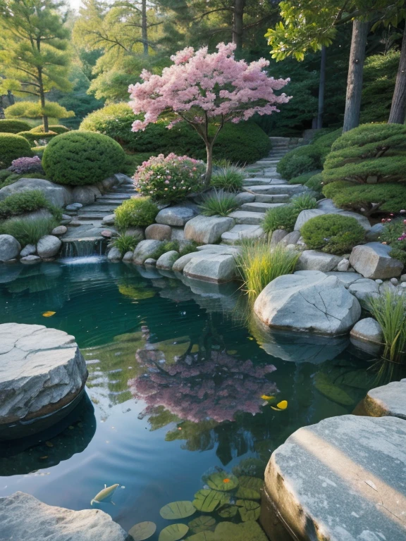 photorealistic image of a pond with clear water that shows the bottom, flower fish, Japanese style garden of smooth rocks surrounding the pond, ultra-high resolution, realistic, highly detailed 8K, masterpiece