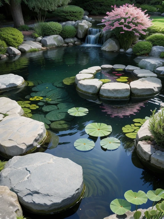 photorealistic image of a pond with clear water that shows the bottom, flower fish, Japanese style garden of smooth rocks surrounding the pond, ultra-high resolution, realistic, highly detailed 8K, masterpiece