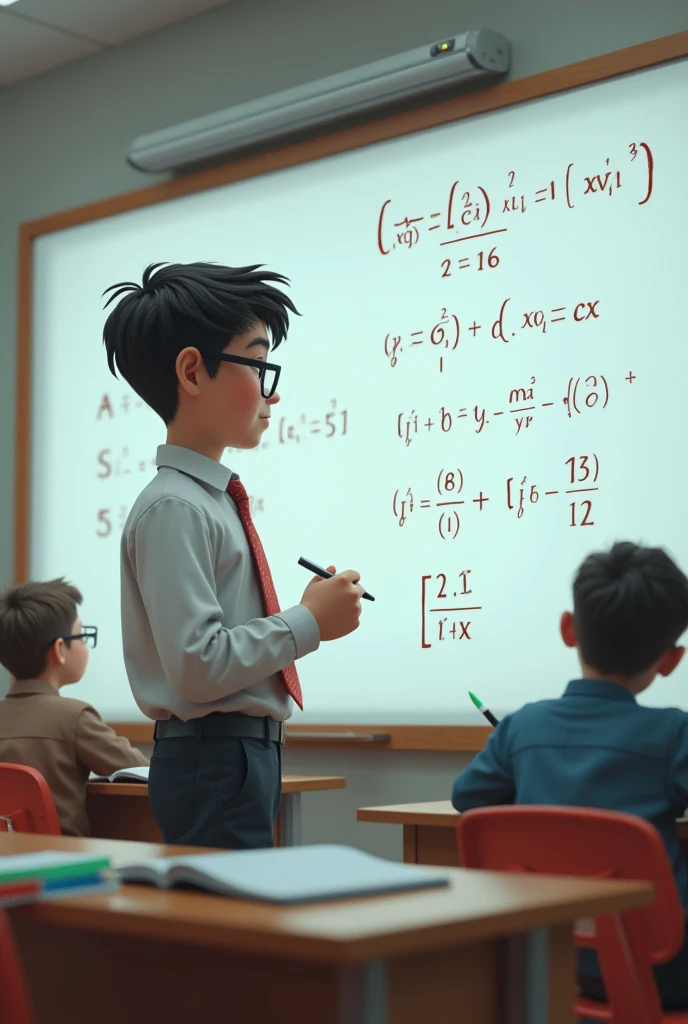 A boy solving integrals on a classroom whiteboard. 