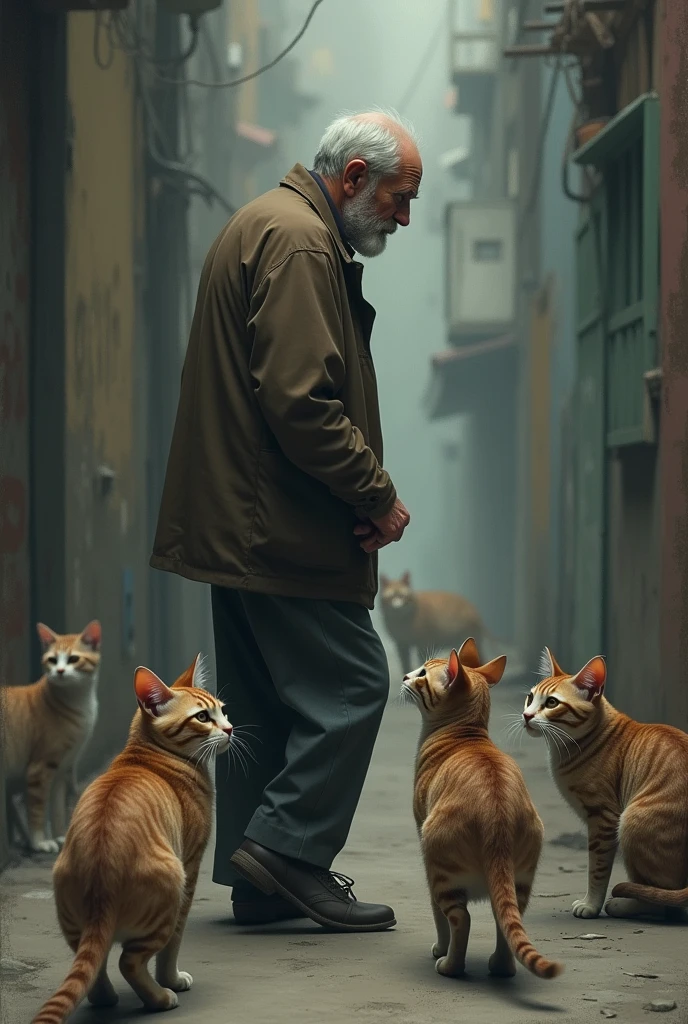 Then the man leave the cats and walking away .The cats look to the old man ai portrait image