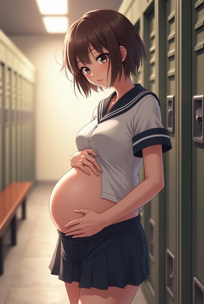 Woman, Short hair, wearing uniform, pregnant, beautiful face, beautiful body,Anime art, Masterpiece, High quality, Detailed, Background locker room,Random pose