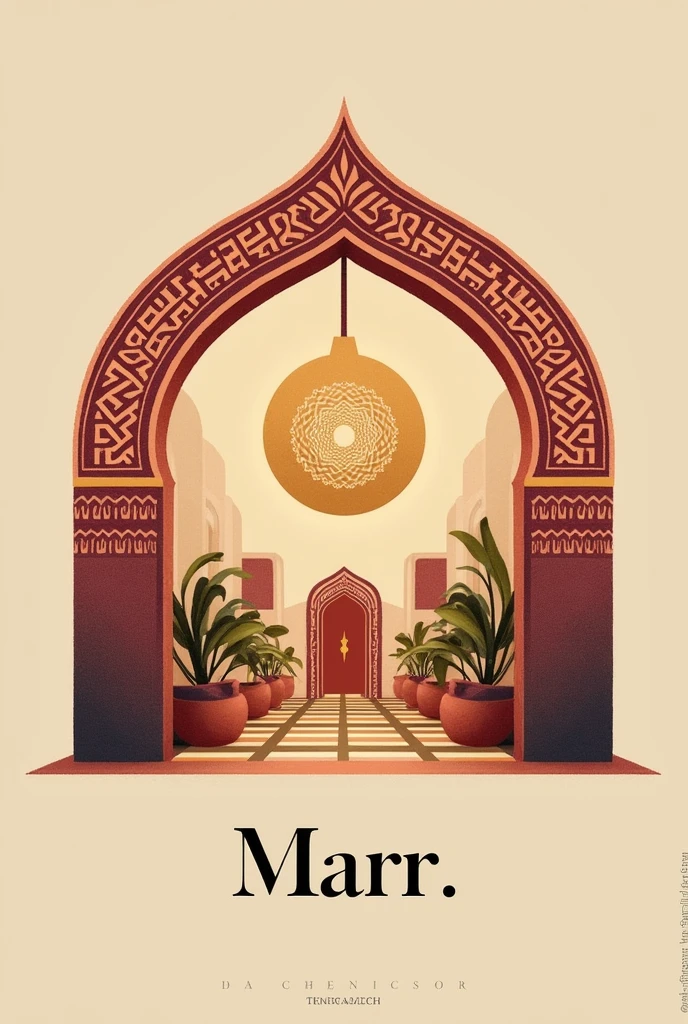 Design a logo for Marr. that merges modern sophistication with the deep cultural roots of Morocco. Use typography that balances clean lines with a touch of traditional flair, such as a refined serif or a sleek script that echoes the artistry of Marr. For the icon, incorporate elements inspired by Moroccan culture, like intricate geometric patterns or stylized arches, to symbolize the brand's heritage. Opt for a rich, warm color palette, including deep reds, golds, and earthy tones, evoking the vibrant and timeless atmosphere of Marrakesh’s souks and landscapes. The overall style should be minimalist yet culturally resonant, ensuring the logo is both elegant and versatile across various platforms, from digital to print. The design should communicate a sense of luxury, heritage, and enduring charm, capturing the essence of Marr. in a way that feels both contemporary and deeply rooted in tradition. Ensure the logo works well in both color and monochrome, and is scalable for different applications, from business cards to large signage.