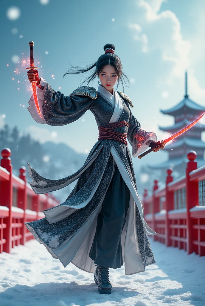 (masterpiece, best quality, beauty, best ratio, best shadows,best Illustration, wallpaper size,1080×2400 pixels,detailed face,pastel colors)
uhd, china female kungfu, korean beauty like tae yon, dancing, full posture fully visible, shining blue eyes, windblown short hair, wear black and white full general armory leather, hand holding dual sword emits red energy, on top the snowing china red bridge. blue sky, red pagoda and snowflake seen on far away.use the RenderMan renderer.digital art.High definition, high contrast, high color saturation ,128k,cinematic lighting, intricate,cinematic advertising photograph,cinema lens,high res.