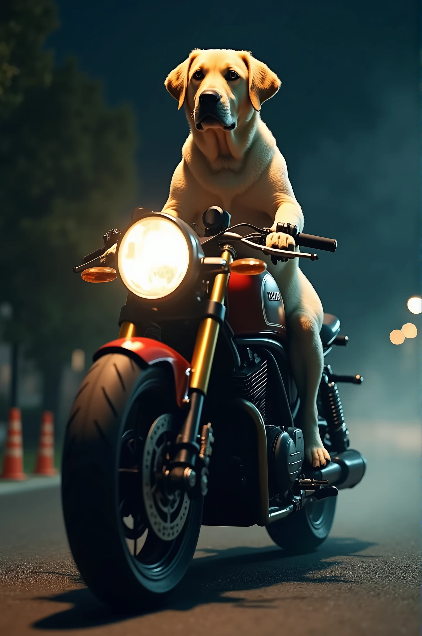 Lebrador dog on a TVS apache motorbike cinematic movie at night
