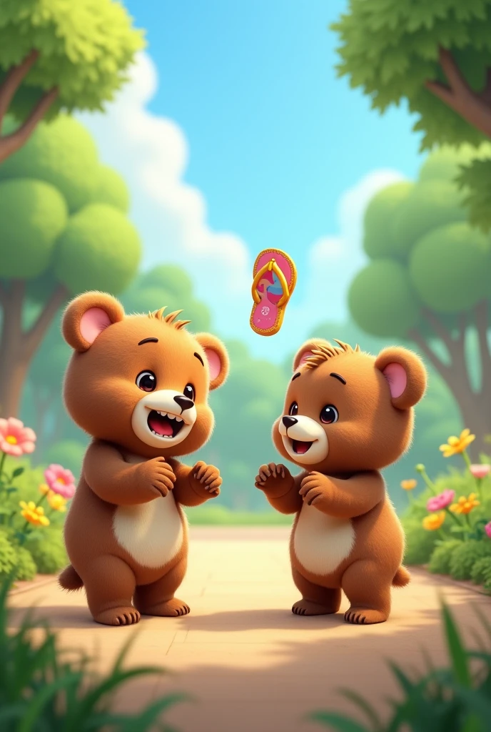 A high quality image of the bubu and dudu bears , where bubu is throwing a flip flop to dudu and it is on his forehead with a background of them in a park