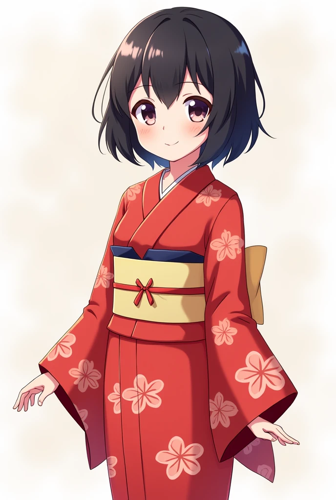 (finely best quality illustration:1.2), (kawaii girl:1.0), (1girl, solo:1.0), (black short hair:1.0), (red kimono, tsubaki pattern:1.0), (smile:0.6), (fullbody:1.0), (ultra-detailed, highres:1.0),