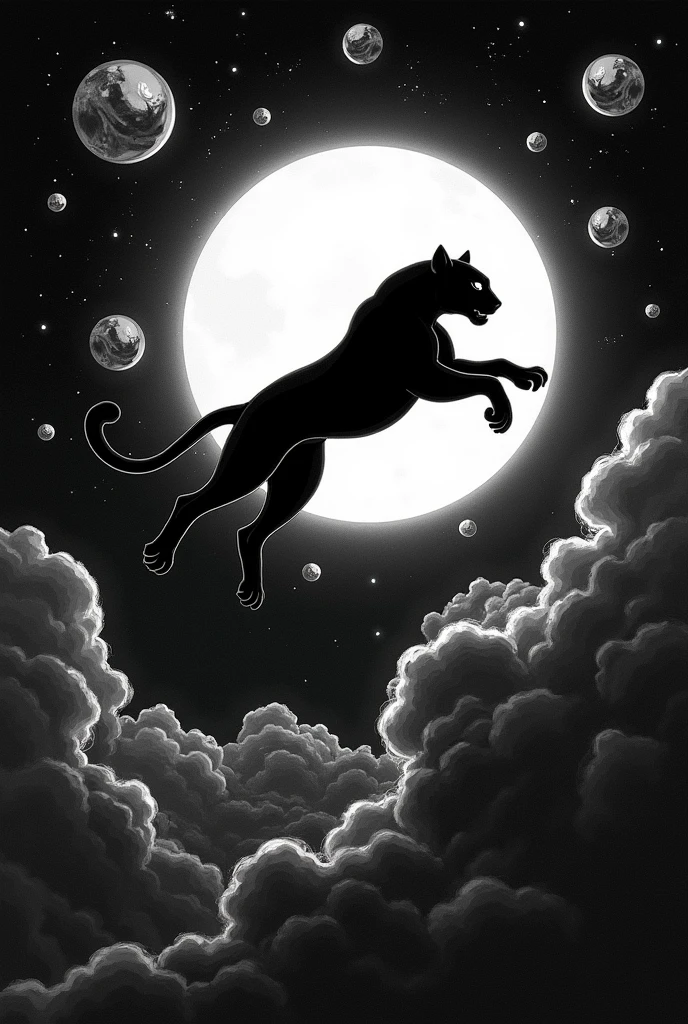 Create a drawing of a full moon setting with a black background and a completely black panther jumping above the full moon and in the sky there are too many large mirrors