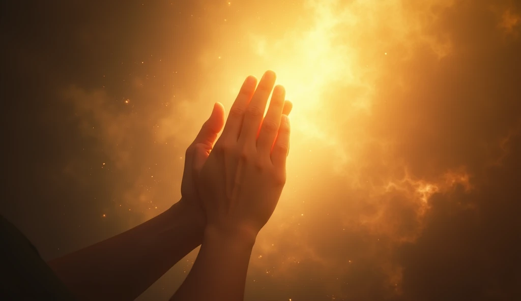 A viral social media image showing a pair of praying hands illuminated by a warm, golden light on the right side, surrounded by a soft, heavenly glow, symbolizing hope and divine intervention for financial miracles.