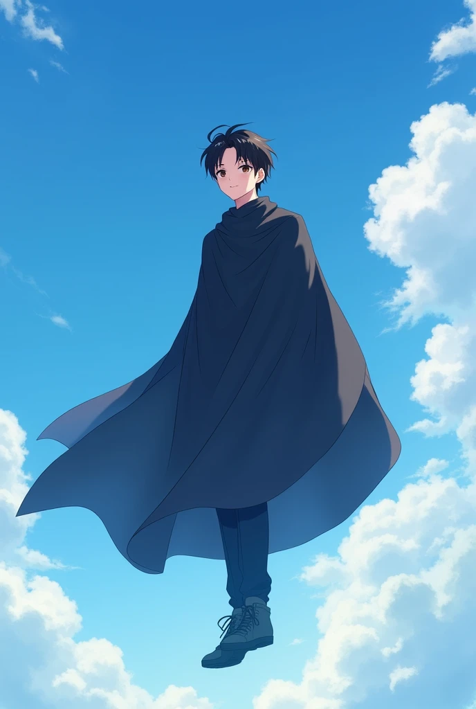 A cute college boy full body and face cover the black cloth,fly in a sky, in anime, for whatapp profile