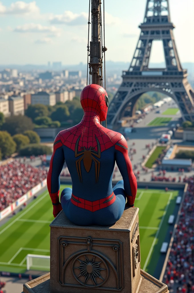 Spider man watching a football match in eiffel tower
