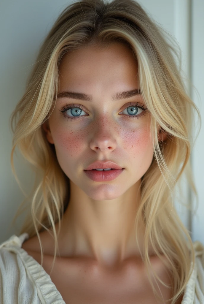 Photo realiste 1.2 : fille blonde de 19 ans, yeux bleu nez fin avec un grain de beauté sur la joue et des taches de rousseur, mâchoire ronde, photo d'identité