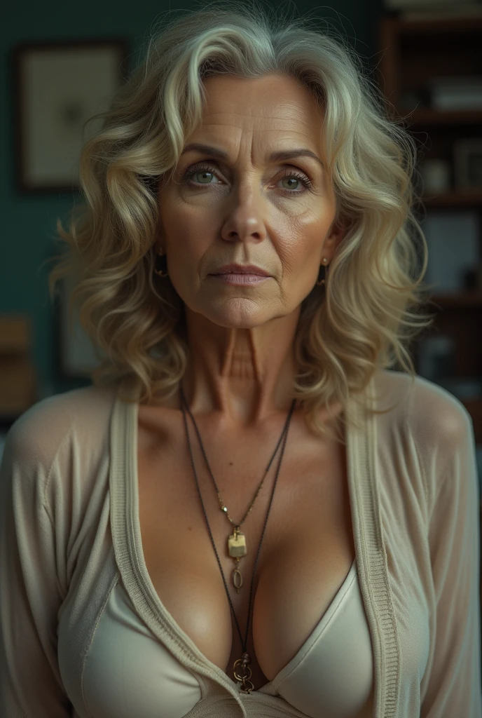 Photo of a mature american woman,Gilf,beautiful face,curly blonde hair,no bra,visible nipple, wrinkles, aged, necklace, crowded papers room, closeup, neutral colors, barren land,gigantic breasts,round breasts,big cleavage,see-through clothing,see-through cardigan sport bra,topless