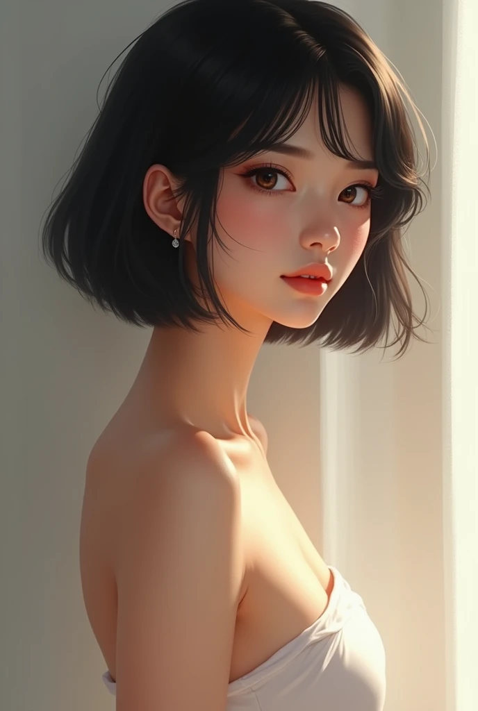 Beautiful young girl completely naked Short black hair to shoulder Cute face