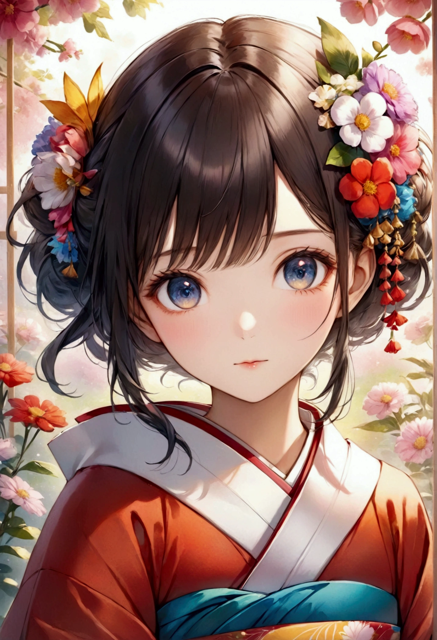 anime girl in kimono outfit with flowers in her hair, Beautiful anime portraits, Beautiful anime artwork, sayori, Anime Style 4k, Official artwork, Cute realistic portrait, Digital anime illustration, Beautiful and detailed anime art, Beautiful anime art, Detailed digital anime art, Anime style portrait, Anime Moe Art Style, Beautiful Anime Girls, anime art wallpaper 4k, Japanese art style