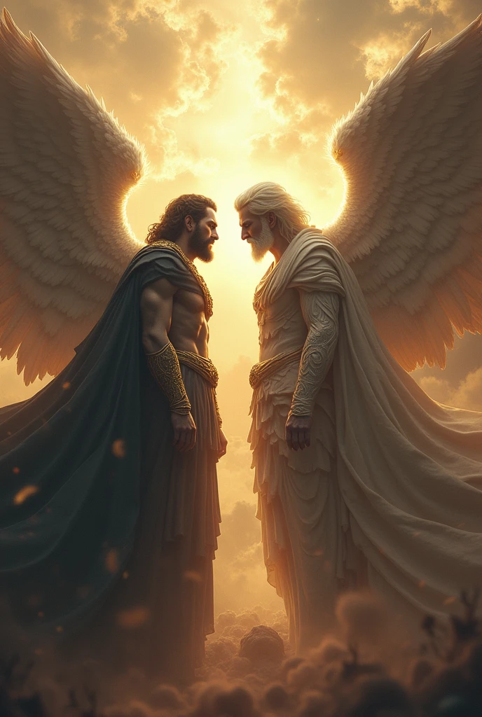 hyper-realistic portrait of two male angels, They're tall, with striking faces like the demigods Hercules and Apollo, wear white clothes with shiny details, have bright blue eyes, the scene is a city in destruction, hail falls from the sky , detailed matte painting, deep cores, Fantastic, details Intricate, splashscreen, complementary cores, fantasy concept art, 8k resolution trend in Artstation Unreal Engine 5