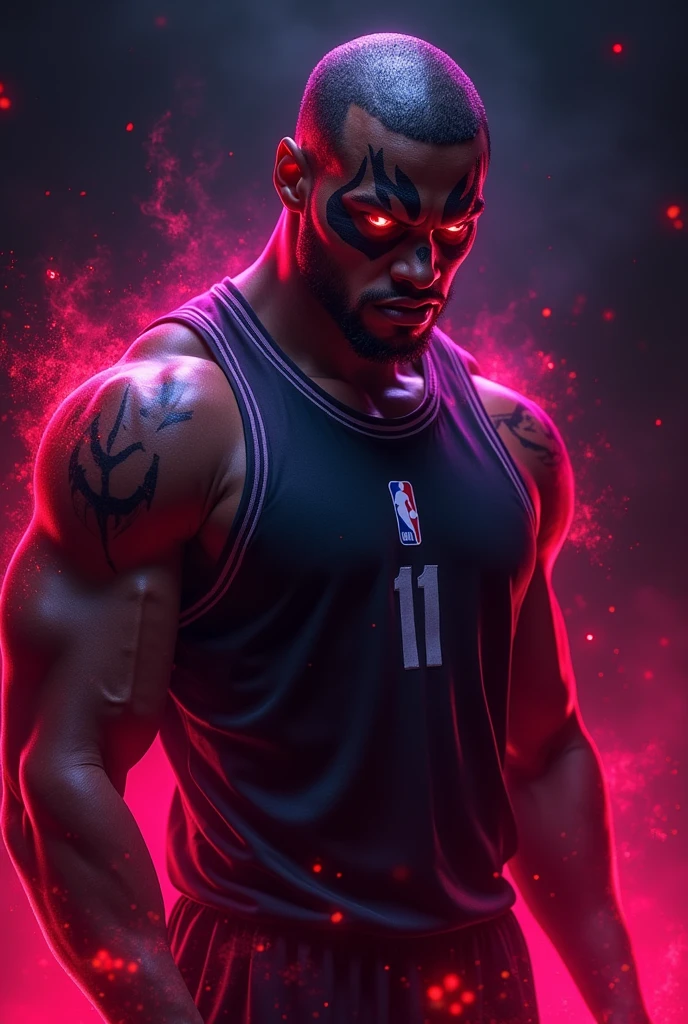 Create a full body image of michael jourdan from NBA, set against a neon black background. Use vibrant, colorful effects to highlight Sukuna's menacing aura, with glowing hues of red, purple, and pink swirling around him. Emphasize the dark markings on his face and his intense, sinister expression, making them stand out with a neon glow. The colors should blend seamlessly into the black background, creating a powerful contrast that enhances NBA menacing presence. The image should be rendered in high definition, with every detail—from the texture of his skin to the fiery intensity of his gaze—captured in stunning clarity, making Sukuna the focal point of a dynamic and eerie scene.