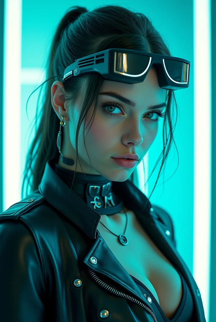 a beautiful young Caucasian woman is wearing metal for the futurist, cyberpunk, futuristic technology, and girls holding weapons in dazzling colors, wearing science fiction glasses, in the style of yuumei, light turquoise and light silver, waist shot, 8k resolution, joong keun lee, tanya shatseva, light arcade neon colours 