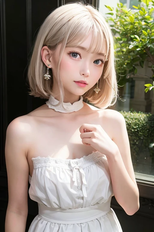 (masutepiece, Best Quality:1.2), 8K, 15yo student, bob cuts、white hair、Sauce order、15yo girl、Fat child、hitornfreckles、Cheeky face, birdseye view, big butts、(((tiny chest)))、Kamimei、half-opened mouth、The cotton dress is sheer、