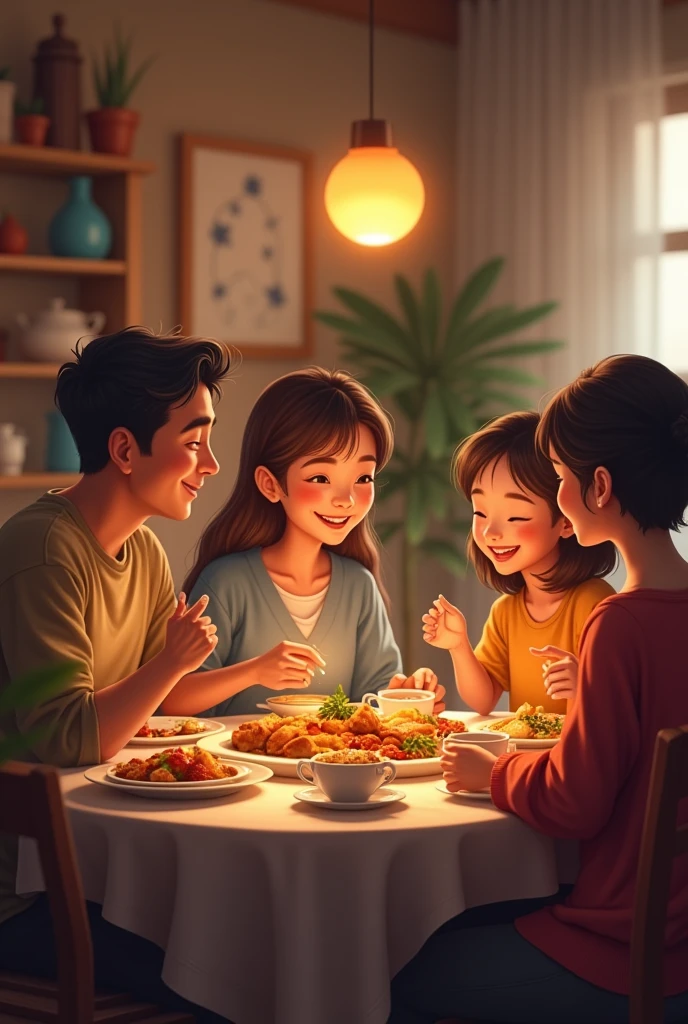 The family gathers around the dining table, sharing stories over a hearty meal.
