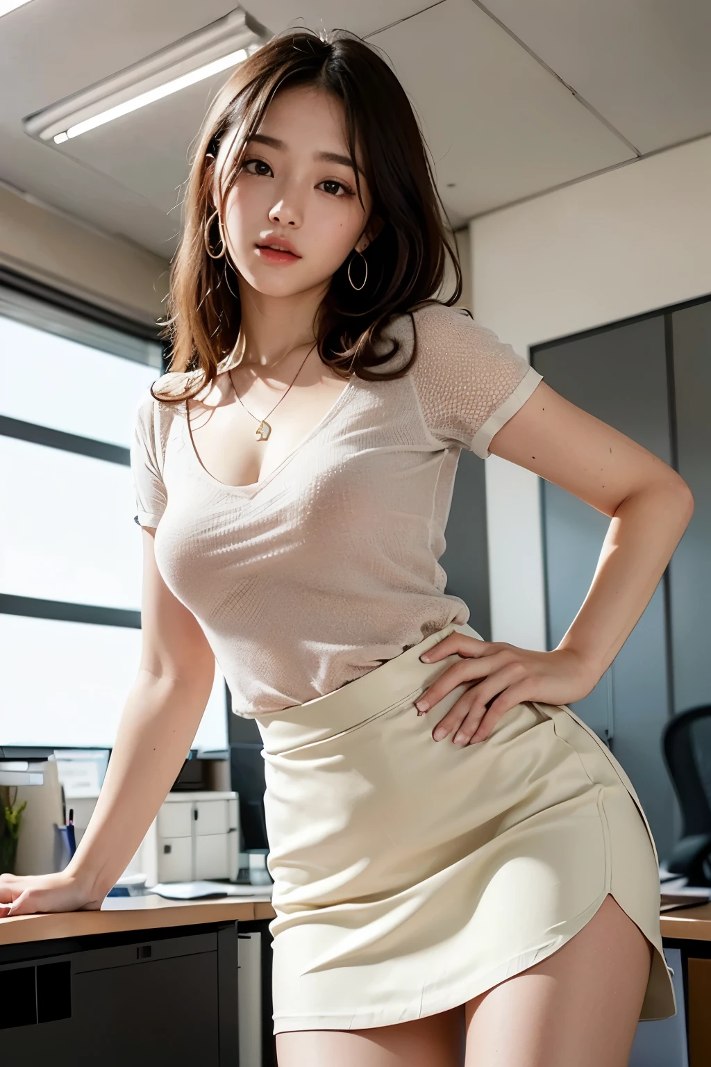 ((Realistic Sunlight, 8k, Best Quality, Masterpiece: 1.5, Illustration, Ultra-detailed, finely detail, high resolution, 8K Wallpaper, Perfect dynamic composition, Beautiful detailed eyes)), ((A-line skirt:1.8)), Natural Color Lip, (office:2.0),24 years girl, shiny sweaty skin:1.4, ((beautiful detailed face and eyes:1.5)),((Highly detailed face and skin texture, Highly detailed lip texture, Raw Photo)), (Very Delicate and Cute Japanese Girl:1.5), (1 girl), Perfect Style, necklace, earrings, high heel, realistic shadows, ((from below)),((emphasize sexy hip))