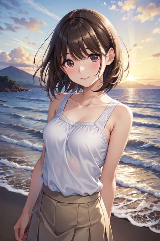 anegasaki nene、Shiny brown hair, short hair, (Beautiful brown eyes、Sparkling eyes, Fine grain)、smile、Ultra-detailed eyes、Very detailedな顔, Very detailedな目,Cowboy Shot、
Solo Girl, 20-year-old, Brown eyes, Mid-chest,
Highest quality, Great quality, 16K, Unbelievably absurd, Very detailed, 2.5D, delicate and dynamic, blue sky, Calm sea, Sandy Beach, sunset, sunset, Enoshima, Fuji Mountain, Small face, Very delicate facial expressions, Delicate eye depiction, Very fine hair, Upper body close-up, erotic, 唯一のセクシーな日本人woman, Healthy body shape,
woman, Glowing Skin, Soft Skin, Sleeveless white T-shirt, Brown long skirt, barefoot, Stand backwards, Turn to the camera