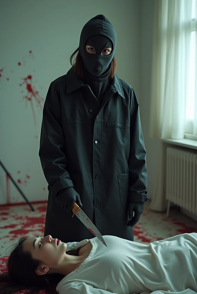 korean girl, (behind stiff, holding knife), stabbing, leather balaclava mask, black gloves, bloody room, black raincoat, bloody knife, black gloves, woman on top, white room, behind cadaver, blood splatter, on the bed, looking at viewer, mass murderer, killer, blood splatter, light from the window, close-up, tripod and camera in the back, shooting with camera