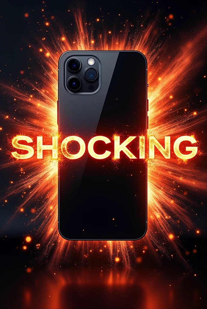Create a dramatic thumbnail showcasing a brand-new iPhone with explosive graphics, bold text saying 'SHOCKING NEW FEATURES!' and an eye-catching, high-contrast background. 