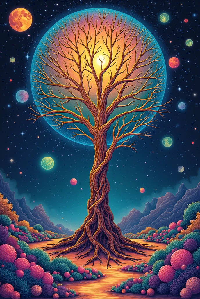 a colorful tapestry with a The Tree of Life on it, cosmic tree of life, tapestry of dreams, The Tree of Life brains, The Tree of Life, Intricate rainbow environments, cosmic tree, The Tree of Life seed of doubt, Whimsical and psychedelic, Intricate tapestries, magic tree, psychedelic aesthetic, Colorful otherworldly trees, complex witchcraft spectrum, The Tree of Life inside the ball