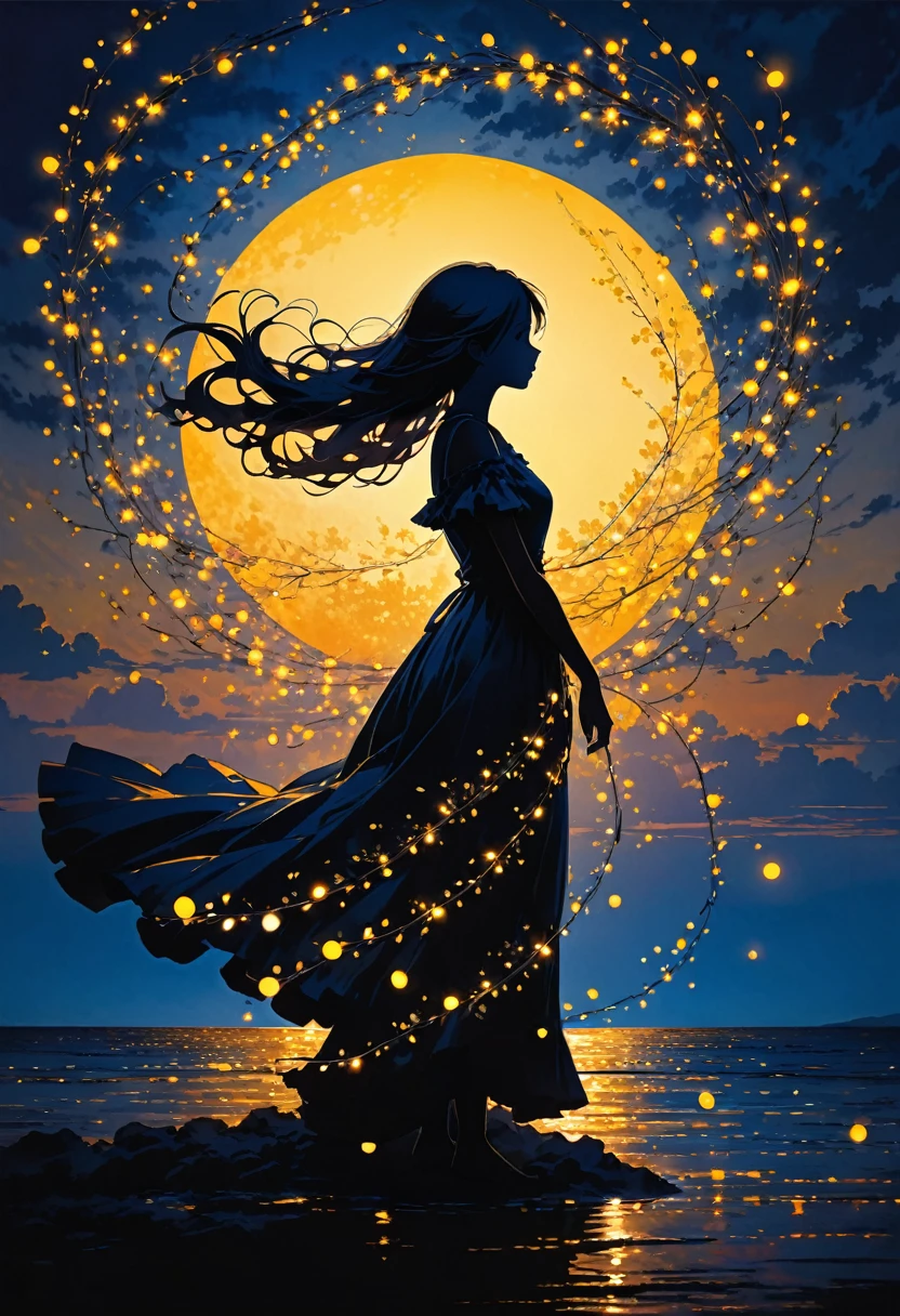 The image depicts a silhouette of a girl standing against a stunning sunset background. The sky transitions from a deep yellow near the horizon to a deep blue as it ascends. The figure appears to be enveloped in a series of tiny glowing fairy lights, some of which are illuminated, creating a stunning and captivating contrast to the dark silhouette. The figure appears to be holding out one arm, perhaps adjusting to or interacting with the lights. The overall mood of the image is peaceful and magical.