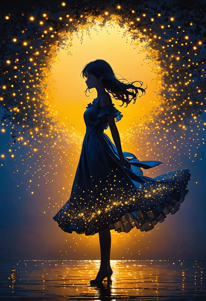 The image depicts a silhouette of a girl standing against a stunning sunset background. The sky transitions from a deep yellow near the horizon to a deep blue as it ascends. The figure appears to be enveloped in a series of tiny glowing fairy lights, some of which are illuminated, creating a stunning and captivating contrast to the dark silhouette. The figure appears to be holding out one arm, perhaps adjusting to or interacting with the lights. The overall mood of the image is peaceful and magical.