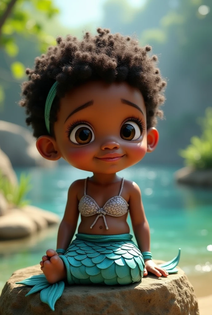  two  dark skin round face short curly hair with a headband dressed as a mermaid sitting on a rock round eyes big eyelashes small teeth and full mouth Pixar 3d