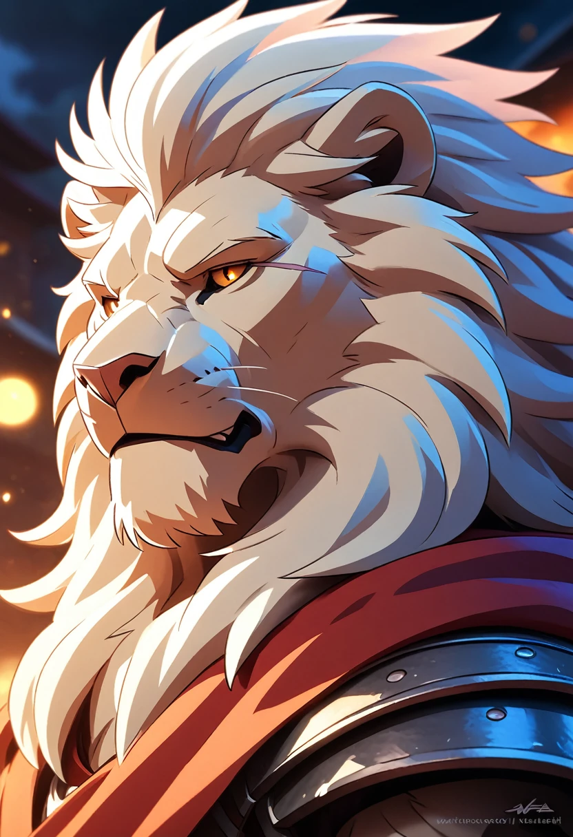 ultra detailed face, high details, old white anthro lion, named Vincent Frederick, ((white lion)) 4k,8k,high resolution, best quality, posted on e621, solo, anthro body, male, adult, masculine, correct anatomy, (detailsbackground, out-of-focus background:1.2), (by takemoto arashi:1.0), (by wfa:1), (by Taran Fiddler:0.5),(by Bontiage), a General, (cel shaded, cartoony shading:1.2), moody expression, serious expression, grumpy expression, black lineart, black outline, flat coloring, (strong shadows, dark shadows:1.2), at battle field, cloudy night, superior mane, a scar on left eye, center, a sheated sword on his side, wearing armour, centre, red cape, first person perspective, superior mane, a scar on left eye, first person perspective, detailed portrait, correct anatomy, best quality, 4k, 8k, highres, masterpiece:1.2, ultra-detailed, anime, HDR, UHD, ultra-fine painting, sharp focus, physically-based rendering, extreme detail description, professional, vivid colors, bokeh.

