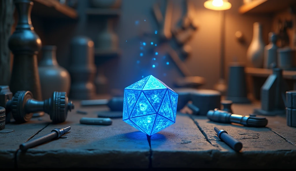 fantasy concept art, glowing blue dodecahedron die on a wooden table, in a cozy fantasy (workshop), tools on the table, artstation, depth of field, 4k, masterpiece
