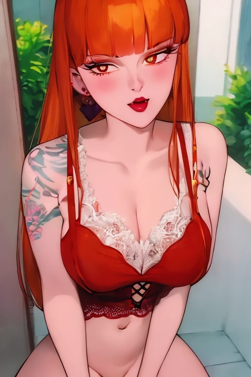 (masterpiece, best quality, photorealistic realistic,) 1 women, blunt bangs, white shirt, orange hair, shiny brown eyes, cleavage, thin eyebrows, eyelashes, lace, licking lips, lingerie, lipstick, long hair, looking at viewer, makeup, nose, open mouth, orange background, red lips, single, tongue out, upper body, arm tattoo, blurred background, close up, chest tattoo, depth of field, makeup, motion blur, shoulder tattoo, tattoo, ear piercing, earrings