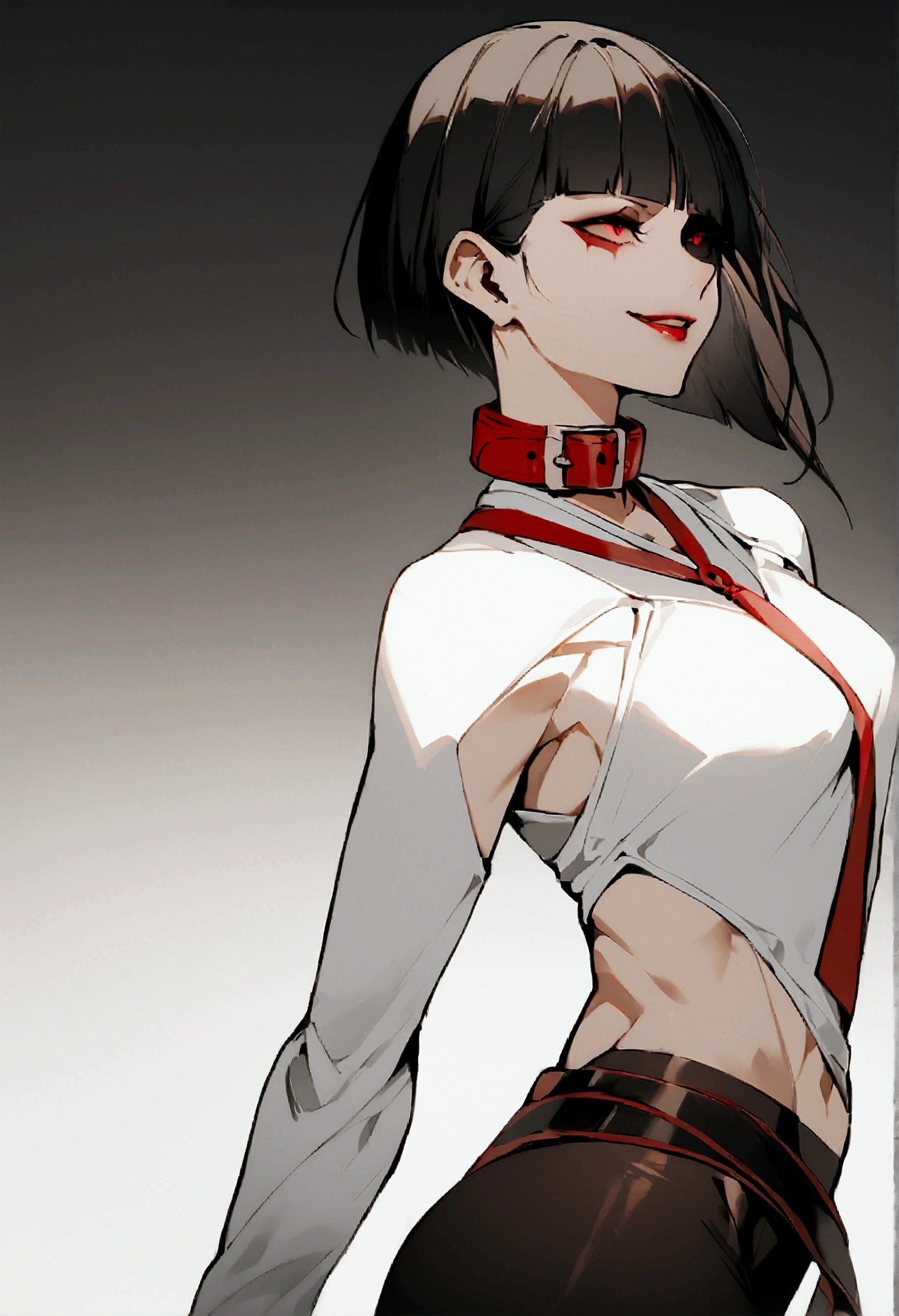 fully body,standing,alone,short hair,work of art,face detailed,young fitness linda,Wearing black pantyhose,tight white sweater with collar ,neckleace,evil smile,red eyes glowing,labiaa,eye shadow,bangs on the eyes,black gloves,from sideways,perfil from sideways
