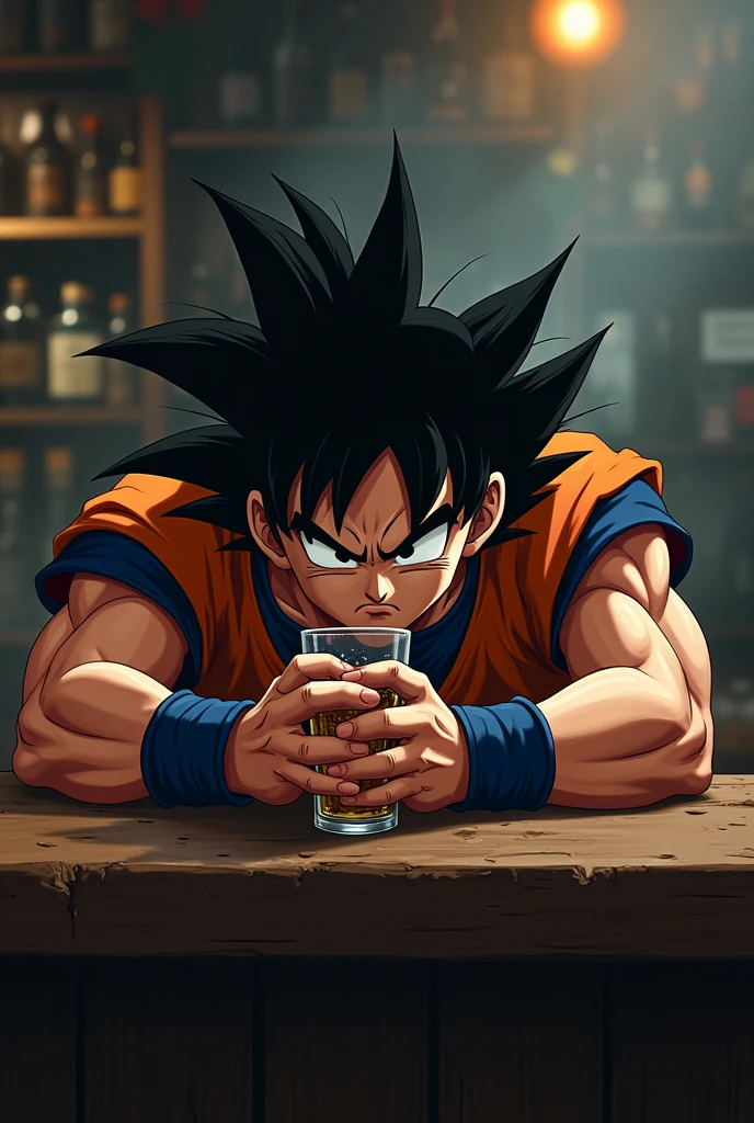 Photo ultra réaliste de san goku qui a trop bu accoudé au bar