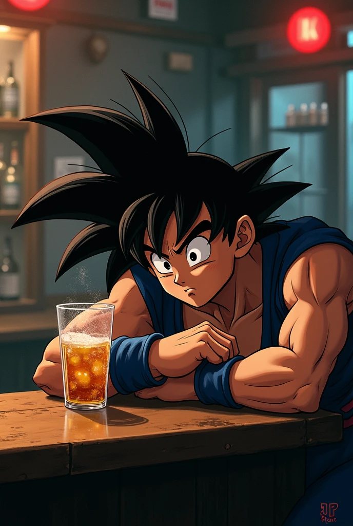 Photo ultra réaliste de san goku qui a trop bu accoudé au bar